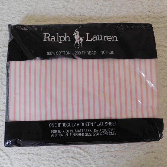 Vtg Ralph Lauren Irregular Queen Flat Sheet PInk White Striped 200 TC No Iron - Picture 4 of 4